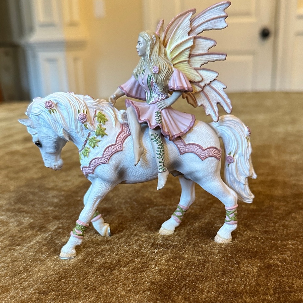 Fantasy Fairy Schlalch Figurine on Horse with Pink Accents